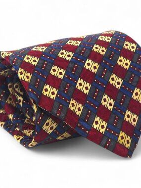 VTG Boston Traders Silk Tie Made in USA Burgundy Blue Gold Geometric Medallion